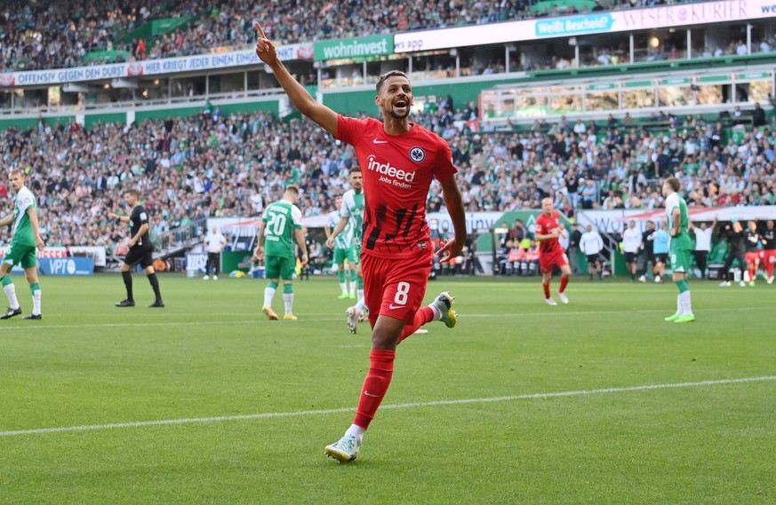 Jubel Djibril Sow Eintracht Frankfurt 2:4 28.08.2022, Fussball GER, Saison 2022 2023, 1. Bundesliga, 4. Spieltag, SV Werder Bremen - Eintracht Frankfurt Bremen Weserstadion Nordrhein Westfalen Deutsch ...