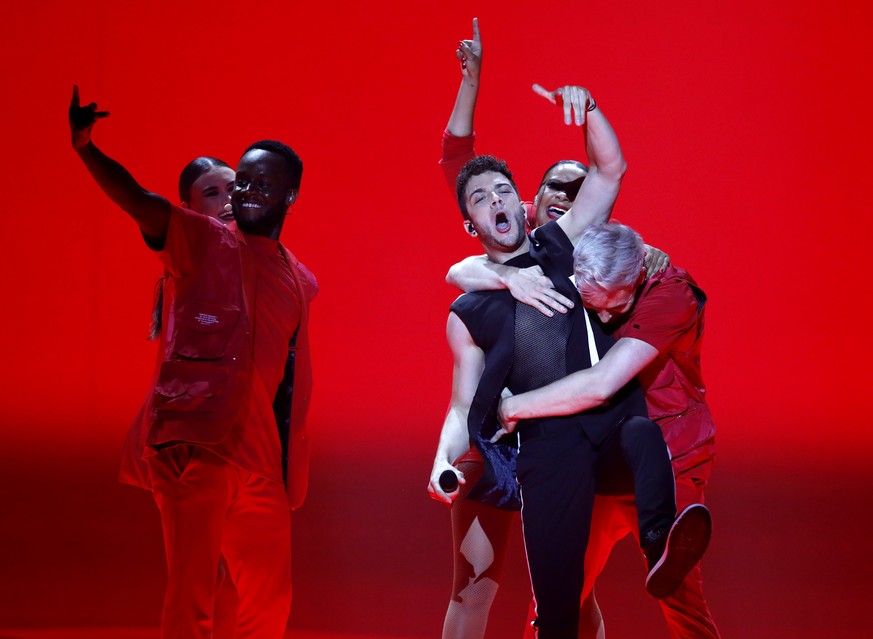 Luca Hanni of Switzerland performs the song &#039;She Got Me&quot; during the 2019 Eurovision Song Contest grand final in Tel Aviv, Israel, Saturday, May 18, 2019. (AP Photo/Sebastian Scheiner)