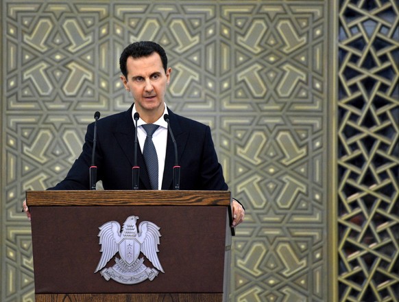 epa07377731 A handout photo made available by Syria&#039;s Arab News Agency (SANA) shows Syrian President Bashar Assad addressing heads of Local Councils nationwide, in Damascus, Syria, 17 February 20 ...