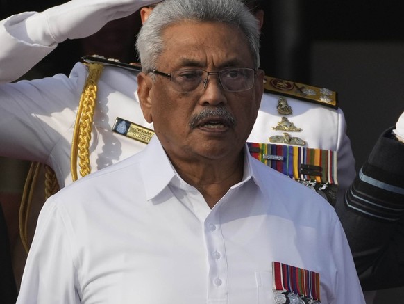 FILE- Sri Lankan president Gotabaya Rajapaksa sings the national anthem of Sri Lanka during the country&#039;s Independence Day celebration in Colombo, Sri Lanka, Feb. 4, 2022. Sri Lanka