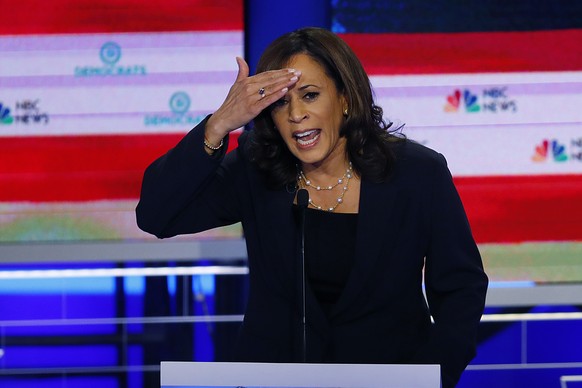 In this June 27, 2019, photo, Democratic presidential candidate Sen. Kamala Harris, D-Calif., gestures during the Democratic primary debate hosted by NBC News at the Adrienne Arsht Center for the Perf ...