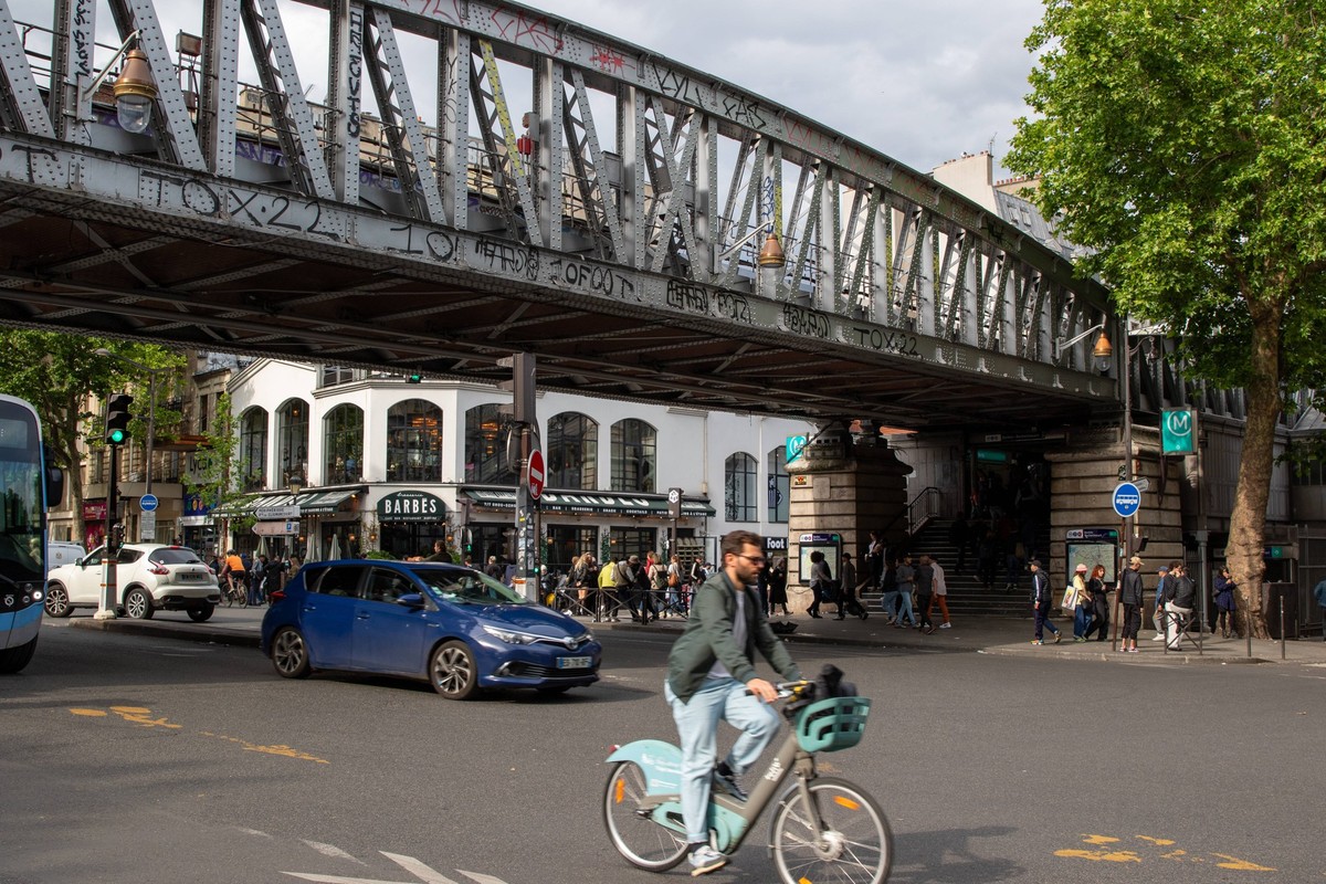 Stra�enszene in Paris mit Metro-Hochbahn, Fu�g�ngern und Verkehr. Paris street scene featuring a metal bridge, metro entrance, buildings, traffic including a cyclist, cars, bus and pedestrians on a su ...