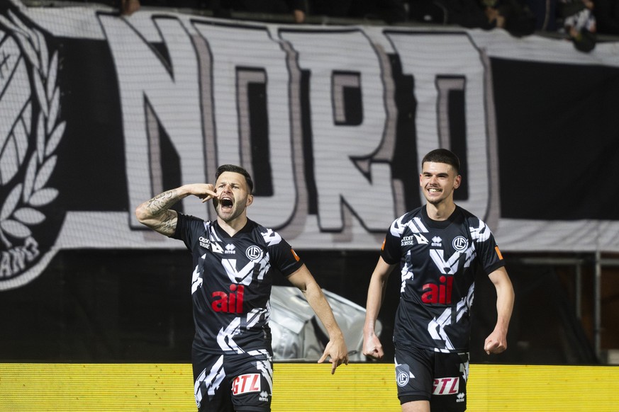 Center Lugano?s player Renato Steffen celebrate the 2-0 with Lugano?s player Albian Hajdari, during the Super League soccer match FC Lugano against FC Basel, at the Cornaredo Stadium in Lugano, Tuesda ...