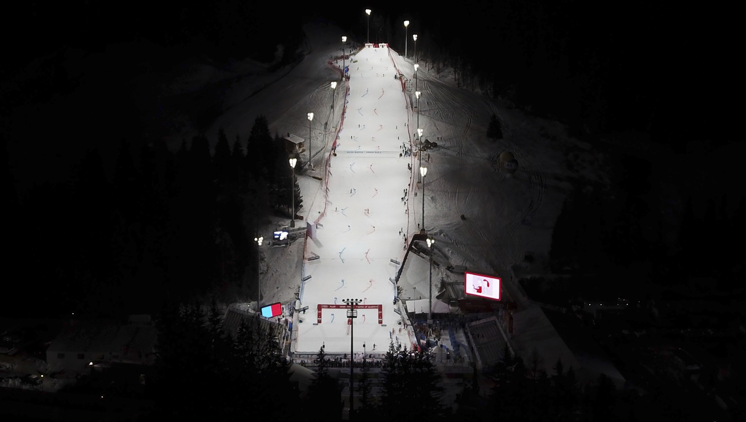 View from the above of the course where an alpine ski, men&#039;s World Cup parallel giant slalom took place in Alta Badia, Italy, Monday, Dec. 18, 2017. (AP Photo/Marco Trovati)