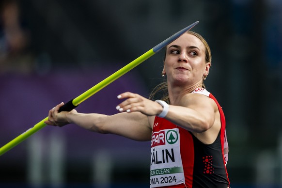 Annik Kaelin of Switzerland in action during the javelin throw as part of the women&#039;s heptathlon at the European Athletics Championships, in the Olympic stadium, in Rome, Italy, Saturday, June 8, ...