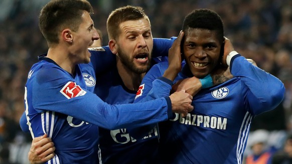 epa06537264 Schalke&#039;s Breel Embolo (R) celebrates a goal that was disallowed during the German Bundesliga soccer match between FC Schalke 04 and TSG Hoffenheim in Gelsenkirchen, Germany, 17 Febru ...