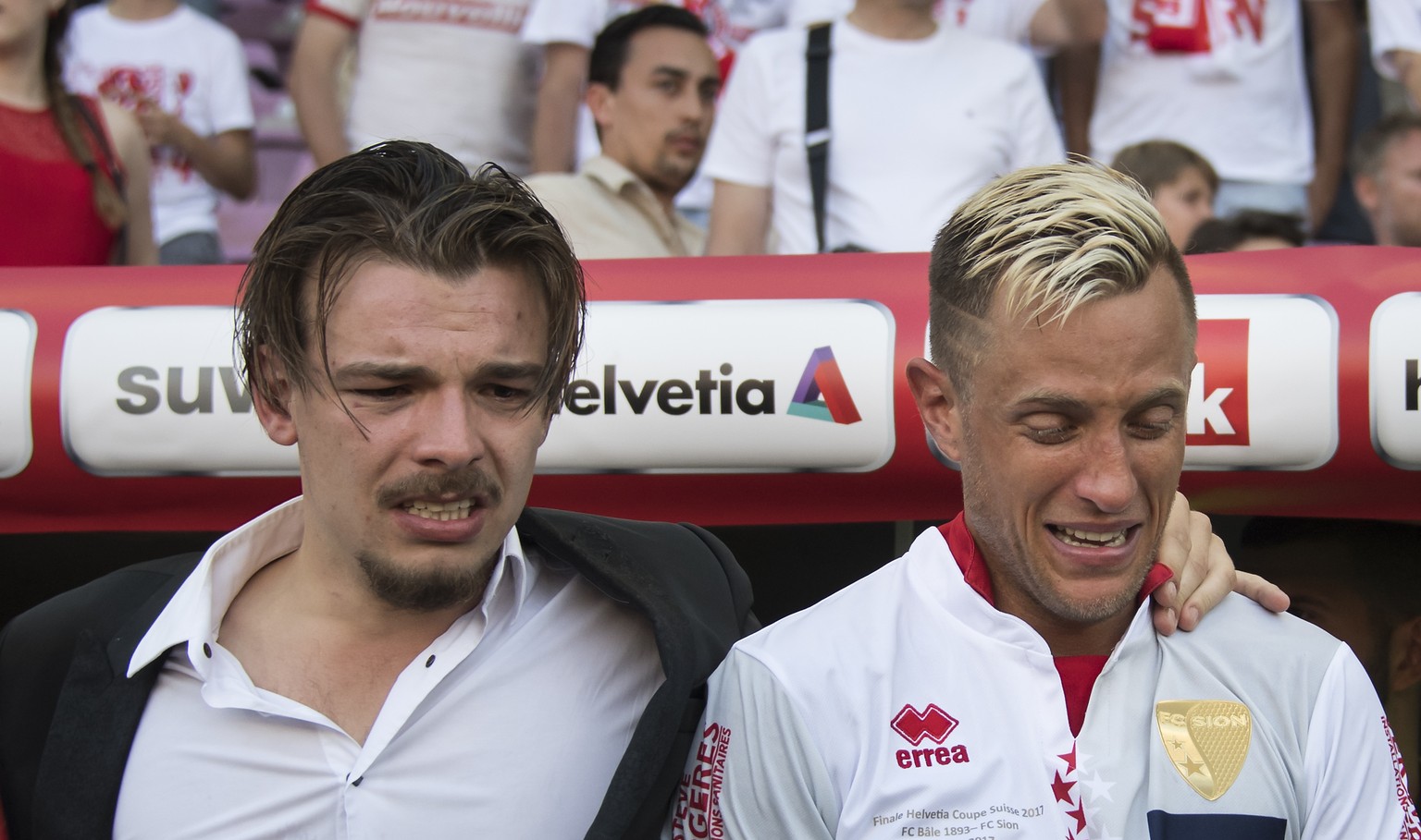 Sion&#039;s defender Reto Ziegler, right, reacts next to the FC Sion&#039;s team manager Barthelemy Constantin, left, during the the Swiss Cup final soccer match between FC Basel 1893 and FC Sion at t ...