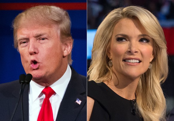 FILE - This file photo combination made from Aug. 6, 2015, photos shows Republican presidential candidate Donald Trump, left, and Fox News Channel host and moderator Megyn Kelly during the first Repub ...