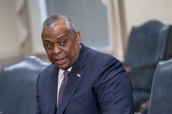 epa10445946 US Secretary of Defense Lloyd Austin delivers remarks during a meeting with Australian Deputy Prime Minister and Minister of Defense Richard Marles at the Pentagon in Arlington, Virginia,  ...