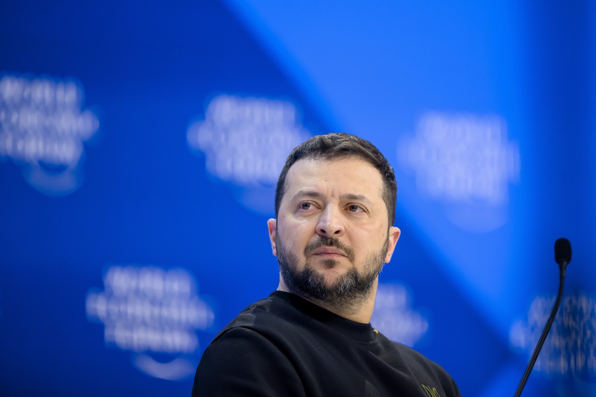 Volodymyr Zelenskyy, President of Ukraine, reacts during a plenary session in the Congress Hall at the 54th annual meeting of the World Economic Forum, WEF, in Davos, Switzerland, Tuesday, January 16, ...