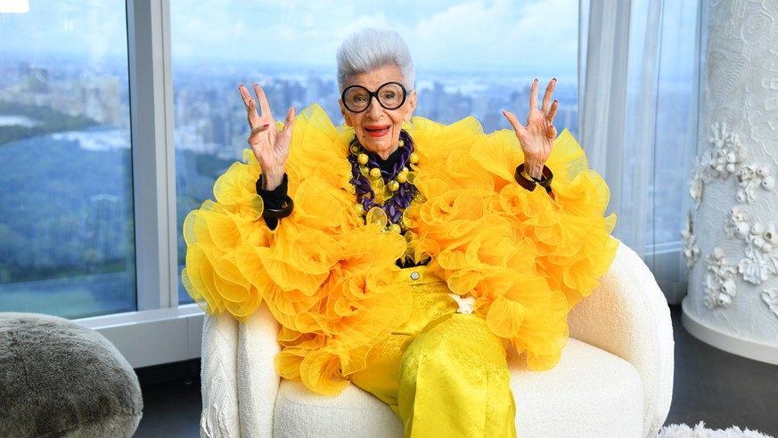 NEW YORK, NEW YORK - SEPTEMBER 09: Iris Apfel sits for a portrait during her 100th Birthday Party at Central Park Tower on September 09, 2021 in New York City. (Photo by Noam Galai/Getty Images for Ce ...
