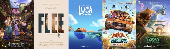This combination of photos shows promotional art for the films nominated for the Oscar for best animated feature, from left, &quot;Encanto,&quot; &quot;Flee,&quot; &quot;Luca,&quot; &quot;The Mitchell ...