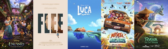 This combination of photos shows promotional art for the films nominated for the Oscar for best animated feature, from left, "Encanto," "Flee," "Luca," "The Mitchell ...