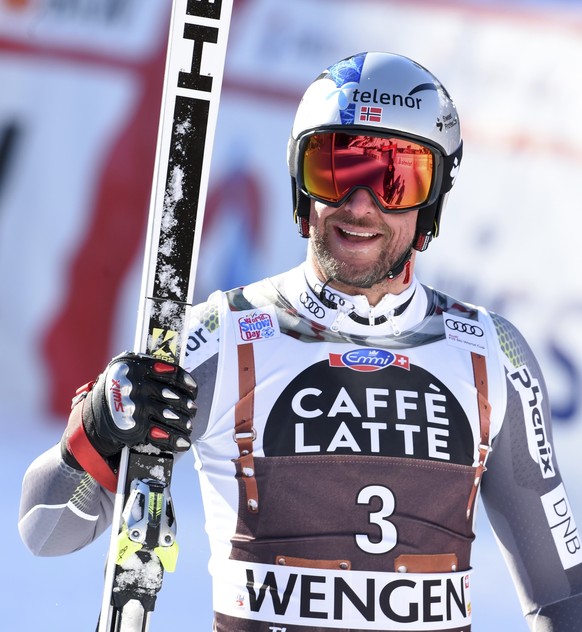 Norway&#039;s Aksel Lund Svindal celebrates during an alpine ski, men&#039;s World Cup downhill in Wengen, Switzerland, Saturday, Jan. 19, 2019. (AP Photo/Marco Tacca)