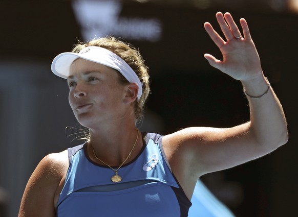 United States&#039; Coco Vandeweghe celebrates after defeating Spain&#039;s Garbine Muguruza during their quarterfinal at the Australian Open tennis championships in Melbourne, Australia, Tuesday, Jan ...