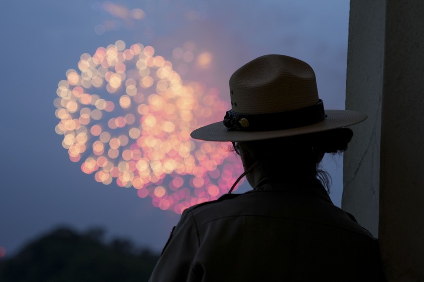 epa12176297 A spectator watches as fireworks fill the sky following a military parade commemorating the 250th anniversary of the United States Army in Washington, DC, USA, 14 June 2025. The parade, wh ...