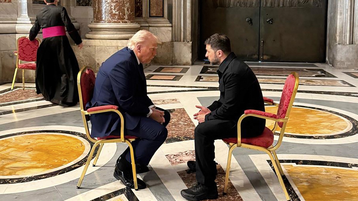 In this photo provided by the Ukrainian Presidential Press Office, Ukraine's President Volodymyr Zelenskyy, right, and President Donald Trump, talk as they attend the funeral of Pope Francis in V ...