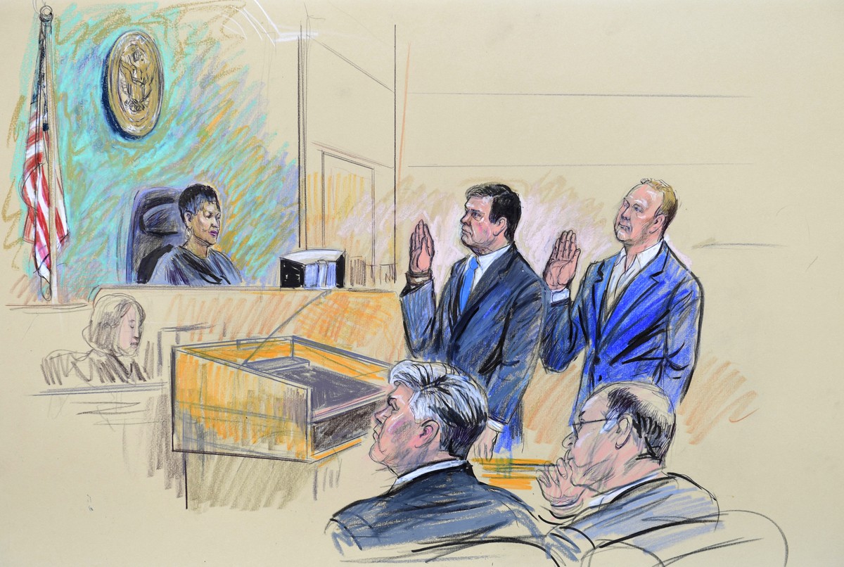 A court artist drawing shows President Donald Trump's former campaign chairman, Paul Manafort, center standing and Manafort's business associate, Rick Gates, in federal court in Washington,  ...