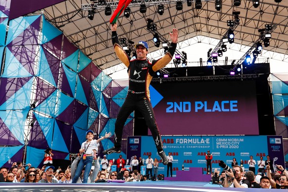 epa08220882 Portuguese Antonio Felix da Costa of the DS Techeetah team celebrates second place during the Formula E Grand Prix at the Autodromo Hermanos Rodriguez in Mexico City, Mexico, 15 February 2 ...