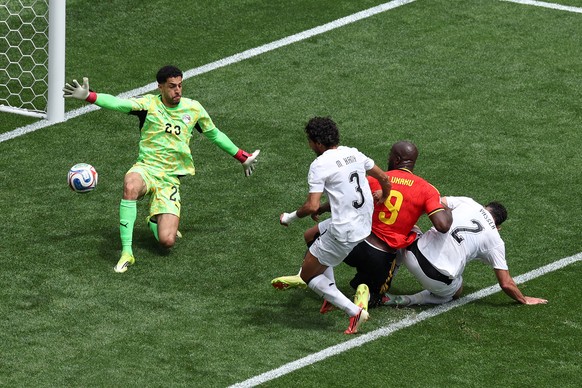 KEYPIX - Egypt's Mohamed Hany (3) scores an own goal past Belgium's Romelu Lukaku (9) and Egypt goalkeeper Mostafa Shoubir (23) during the World Cup Group G soccer match between Belgium and  ...