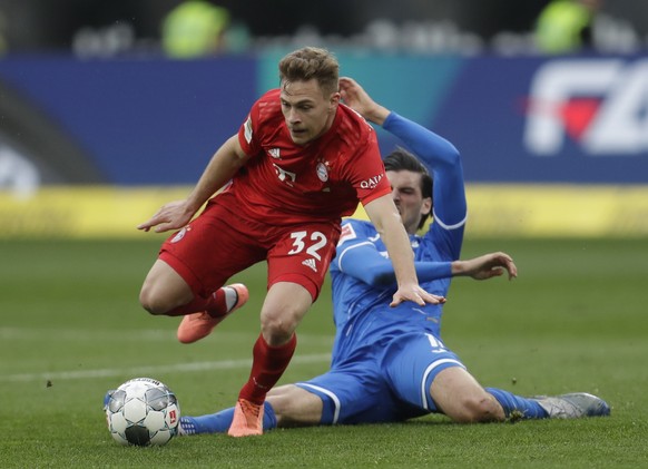 Bayern&#039;s Joshua Kimmich controls the ball during a German Bundesliga soccer match between TSG 1899 Hoffenheim and Bayern Munich in Sinsheim, Germany, Saturday, Feb. 29, 2020. (AP Photo/Michael Pr ...