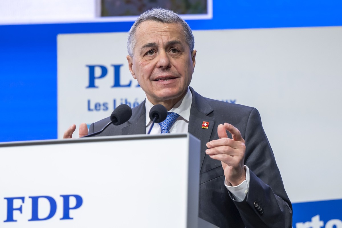 Le conseiller federal Ignazio Cassis, s'exprime, lors de l'assemblee des delegues du Parti liberal-radical, PLR FDP Suisse, ce samedi 31 janvier 2026 au Centre International de Conferences ( ...