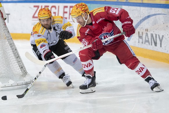 Gotterons Julien Sprunger, links kaempft um den Puck gegen Rapperswils Dominik Egli, rechts, im Eishockeyspiel der National League zwischen den Rapperswil-Jona Lakers und dem HC Fribourg Gotteron am M ...