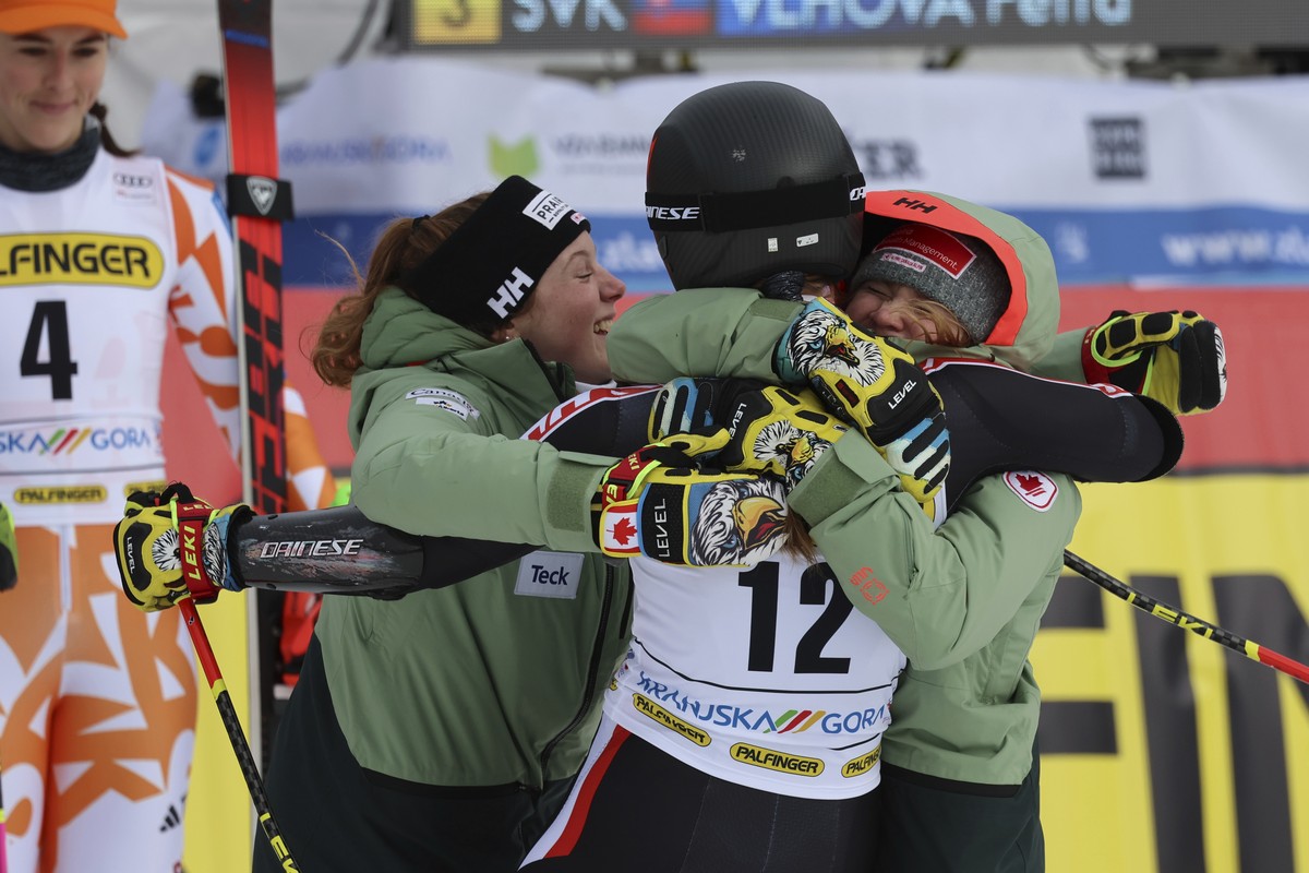 Canada's Valerie Grenier reacts after completing an alpine ski, women's World Cup giant slalom race, in Kranjska Gora, Slovenia, Saturday, Jan. 7, 2023. (AP Photo/Marco Trovati)