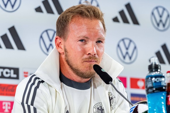 02.09.2024, DFB-Pressekonferenz mit Julian Nagelsmann, Deutsche Nationalmannschaft Wichtiger Hinweis: Gemaess den Vorgaben der DFL Deutsche Fussball Liga bzw. des DFB Deutscher Fussball-Bund ist es un ...