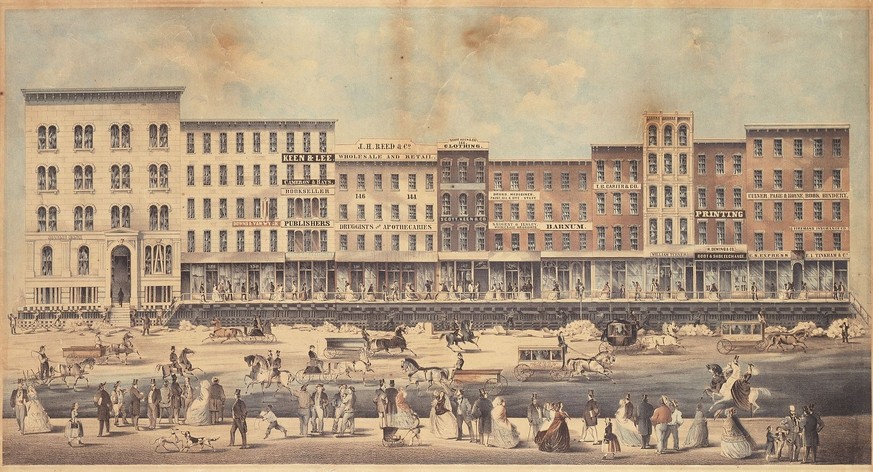 Die Anhebung der Strassenzeile an der Lake Street, Chicago, 1857. Strassen und Gebäude wurden angehoben oder verschoben, weil die Stadt über kein natürliches Abflusssystem verfügte – was den Ausbruch ...