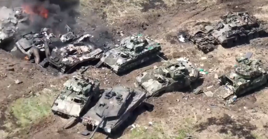 Destroyed Ukrainian tanks during the June 2023 counter-offensive.