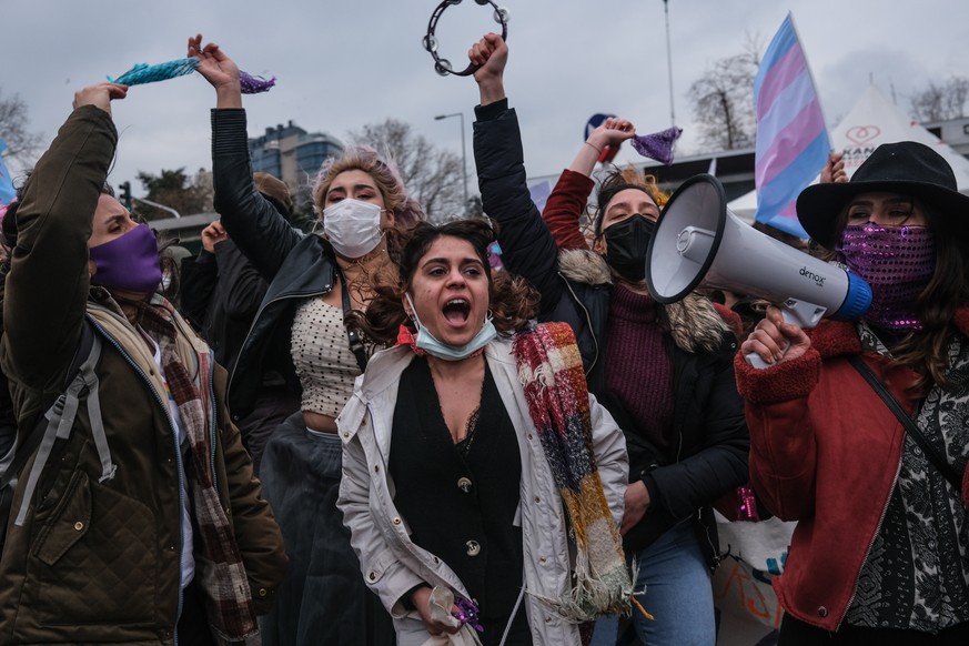 epa09057071 Female protesters hold placards and shout slogans during demonstration on the occasion of the International Day for the Elimination of Violence Against Women in Istanbul, Turkey, 06 March  ...