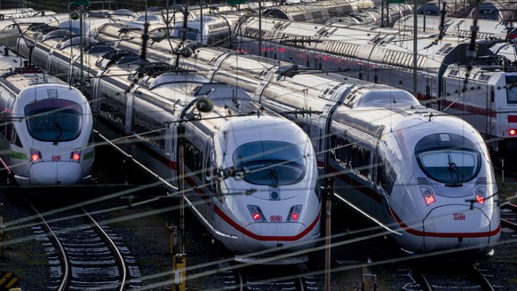 FILE - ICE trains are parked near the central train station in Frankfurt, Germany, Monday, March 27, 2023. A union representing many of Germany&#039;s train drivers says it and the country&#039;s main ...