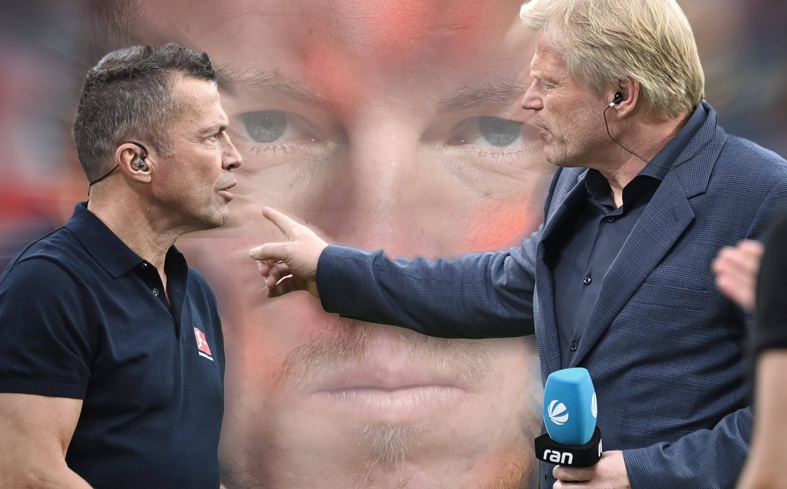 FOTOMONTAGE: Zoff vor laufender Kamera beim SKY Interview:Lothar MATTHAEUS bezichtigt Oliver KAHN Vorstandsvorsitzender FCB der Luege zum Thema Entlassung von Julian NAGELSMANN,