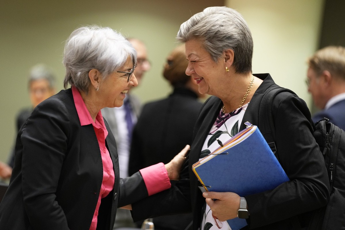 Swiss Federal Councillor at the Department of Justice and Police Elisabeth Baume-Schneider, left, speaks with European Commissioner for Home Affairs Ylva Johansson during a meeting of EU interior mini ...