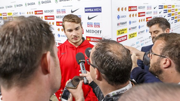 Switzerland&#039;s forward Timo Meier speaks to the Swiss media, prior the IIHF 2018 World Championship preliminary round game between Czech Republic and Switzerland, at the Royal Arena, in Copenhagen ...