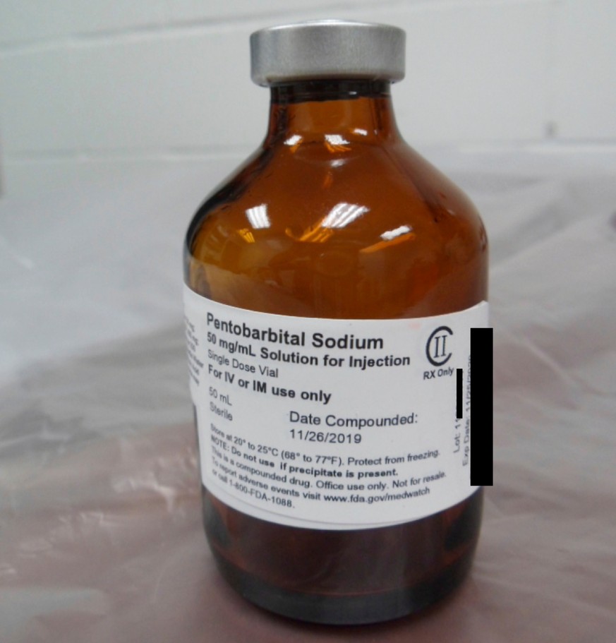 FILE - This photo provided by the U.S. Department of Justice shows a vial of pentobarbital used in the executions of two inmates in July 2020, according to court filings. The photo was filed in U.S. D ...