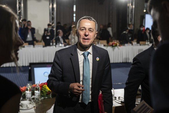 epa10052999 Swiss President Ignazio Cassis, Minister of Foreign Affairs gets up at the conclusion of the round of national statements during the Ukraine Recovery Conference URC, in Lugano, Switzerland ...