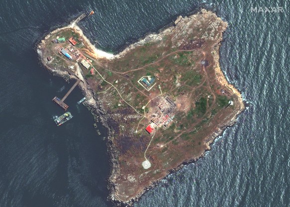 This satellite image provided by Maxar Technologies shows an overview of Snake Island in the Black Sea Thursday, May 12, 2022. (Satellite image ©2022 Maxar Technologies via AP)