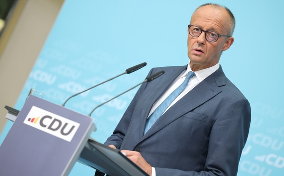epa13219569 German Chancellor and Chairman of the Christian Democratic Union (CDU) Friedrich Merz addresses a news conference after a CDU party board meeting in Berlin, Germany, 07 September 2026, the ...