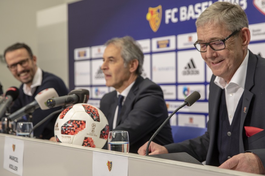 Sportchef Marco Streller, Trainer Marcel Koller und der neue CEO Roland Heri, von links, an einer Medienkonferenz des FC Basel anaesslich des Abschlusses der Hinrunde der Super League, am Mittwoch, 19 ...