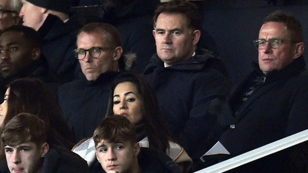 epa09617532 Manchester United's interim manager Ralf Rangnick (R) watches the English Premier League soccer match between Manchester United and Arsenal FC in Manchester, Britain, 02 December 2021 ...