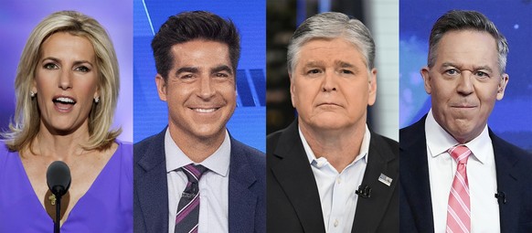 This combination of photos show Fox News commentators Laura Ingraham, from left, Jesse Watters, Sean Hannity and Greg Gutfeld. Watters will host an opinion show in the time slot formerly occupied by T ...