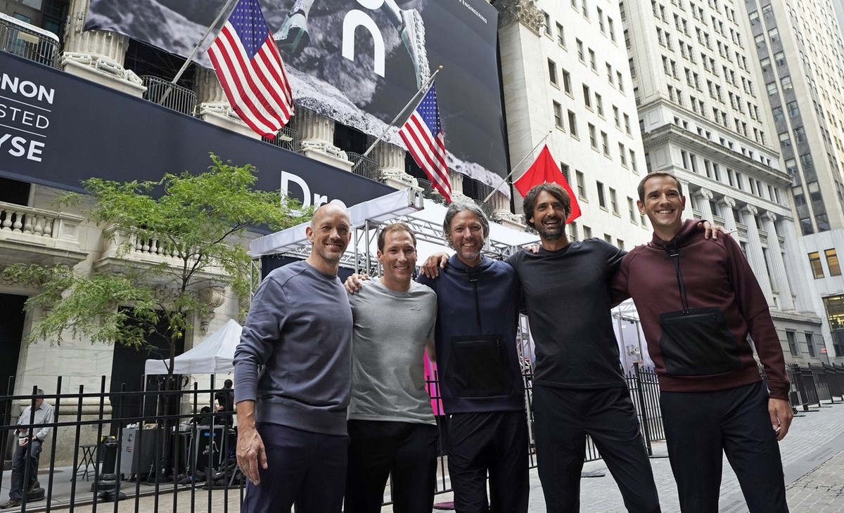 On executives pose for photos outside the New York Stock Exchange before the company's IPO, Wednesday, Sept. 15, 2021. They are, from left: David Allemann, Marc Maurer, Olivier Bernhard, Caspar C ...