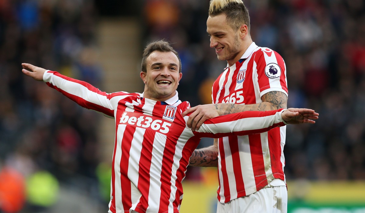 Britain Soccer Football - Hull City v Stoke City - Premier League - The Kingston Communications Stadium - 22/10/16
Stoke City's Xherdan Shaqiri celebrates scoring their second goal with Marko Ar ...