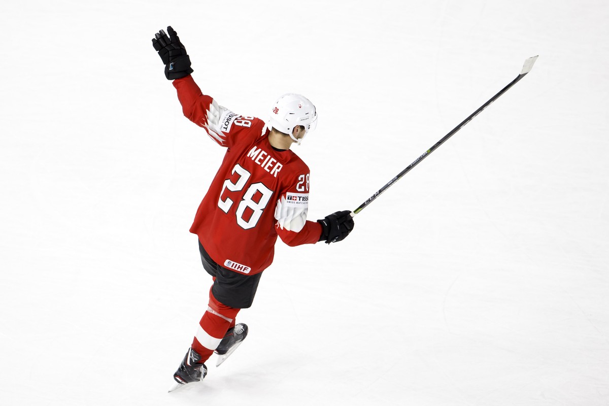 Switzerland's forward Timo Meier cheers his supporters after Switzerland team beating Belarus, during the IIHF 2018 World Championship preliminary round game between Switzerland and Belarus, at t ...