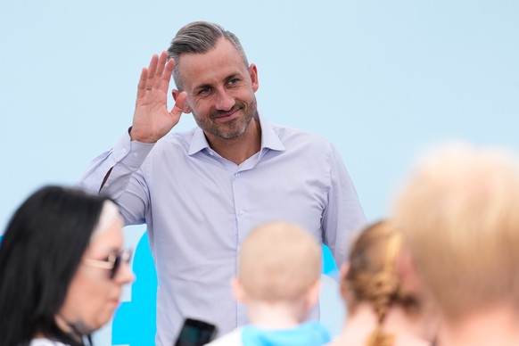 Ulrich Siegmund, top candidate for the "Alternative for Germany" (AfD) in the state elections in Saxony-Anhalt, meets supporters during an election campaign event in Magdeburg, Germany, Frid ...