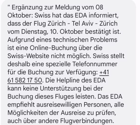 Weitere Nachricht des EDA: Der Flug muss via Hotline gebucht werden.