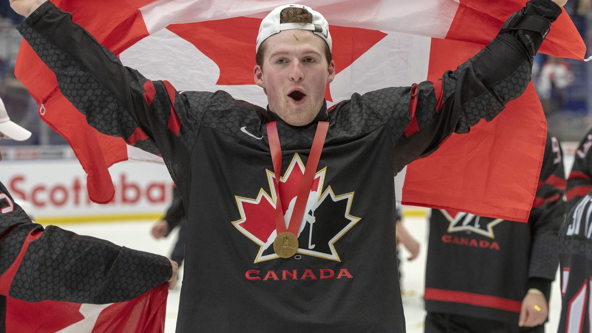 Canada's Alexis Lafreniere celebrates after defeating Russia in the gold medal game at the World Junior Hockey Championships, Sunday, Jan. 5, 2020, in Ostrava, Czech Republic. (Ryan Remiorz/The C ...
