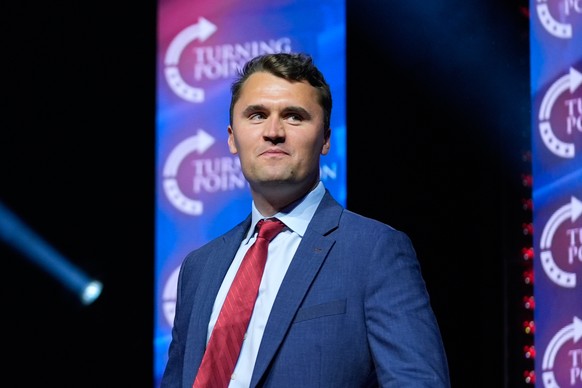 FILE - Turning Point USA Founder Charlie Kirk arrives to speak before Republican presidential nominee former President Donald Trump during a campaign rally at Thomas &amp; Mack Center, Oct. 24, 2024,  ...